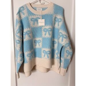 Soho & Stella Blue Cream Checkered Bow Sweater Coquette Knit Pullover ST23510 M